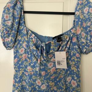 Forever 21 Blue Floral Puff Sleeve Blouse